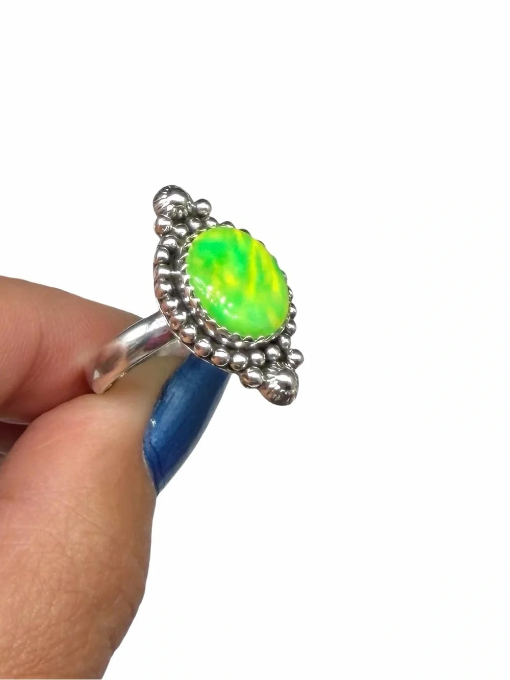 Lime Green Aurora Fire Opal Ring Size 9 Solid 925 Sterling Silver Aura
